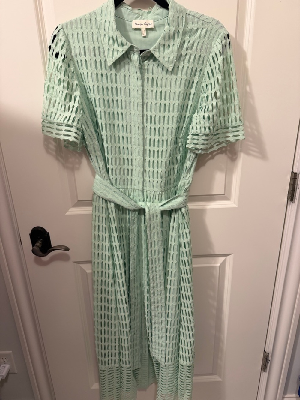 Pleated Openwork Mint Midi Shirt Dress with Tie Waist